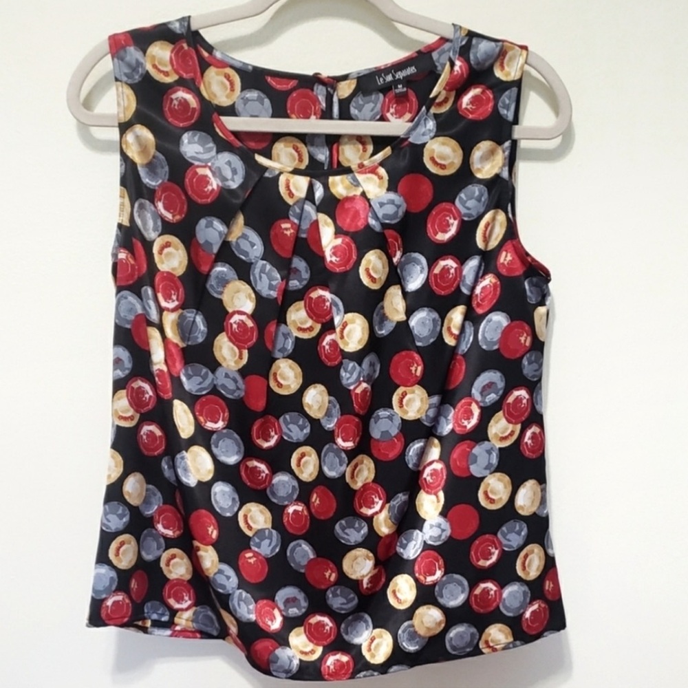 Le Suit Sleevless silky black red gray yellow polka dots Blouse Medium